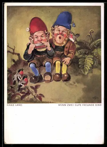 Künstler-AK Wenn zwei gute Freunde sind, Zwerge mit Mundharmonika
