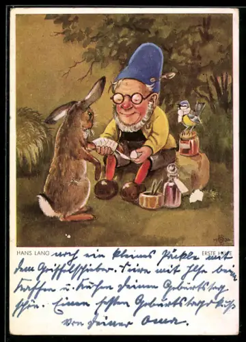Künstler-AK Zwergendoktor verbindet dem Hase die Pfote