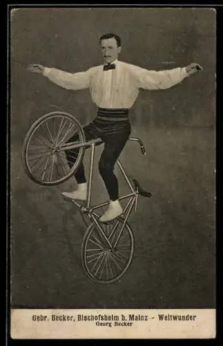AK Bischofsheim b. Mainz, Gebrüder Becker, Georg Becker, Radsport-Akrobat