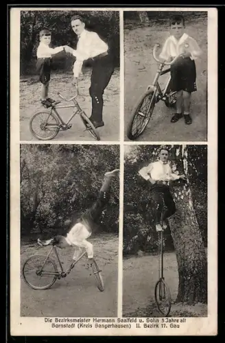 AK Bornstedt /Kreis Sangerhausen, Bezirksmeister Hermann Saalfeld und Sohn, Radsport-Akrobat
