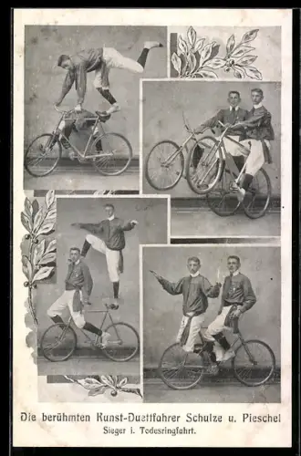 AK Kunst-Duettfahrer Schulze und Pieschel, Sieger i. Todesringfahrt, Radsport-Akrobaten