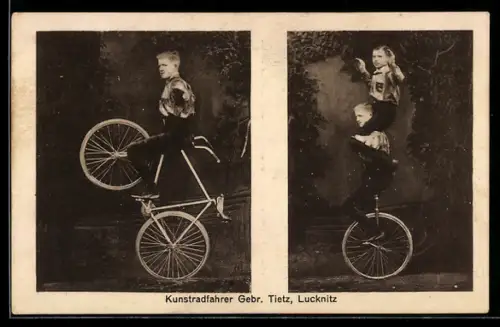 AK Lucknitz, Kunstradfahrer Gebrüder Tietz, Radsport-Akrobaten