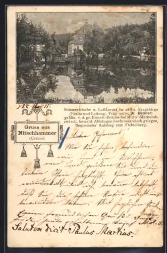 Vorläufer-Lithographie Nitschhammer /Erzgebirge, 1895, Luftkurort Casino Frau verw. Dr. Küchler, Ansicht v. Wasser