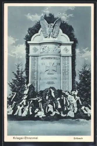 AK Erlbach, Krieger-Ehrenmal 1914-1918, Kränze mit Schleifen