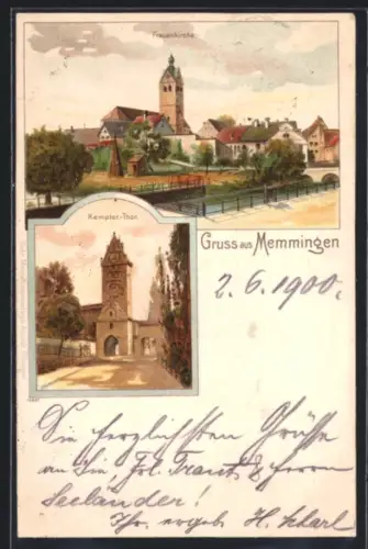 Lithographie Memmingen, Teilansicht mit Frauenkirche, Kempter-Thor