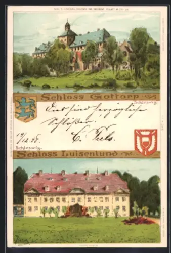 Lithographie Schleswig, Schloss Gottorp, Schloss Luisenlund, Wappen
