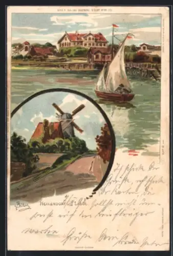 Lithographie Heikendorf bei Kiel, Heikendorf und Laboe, Uferpartie mit Segelboot, Windmühle