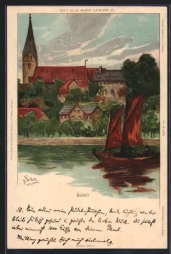 Künstler-AK Carl Biese: Borby, Kirche, Häuser am Wasser, Segelboot