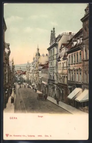 AK Gera, Sorge, Strassenpartie mit Geschäften aus der Vogelschau