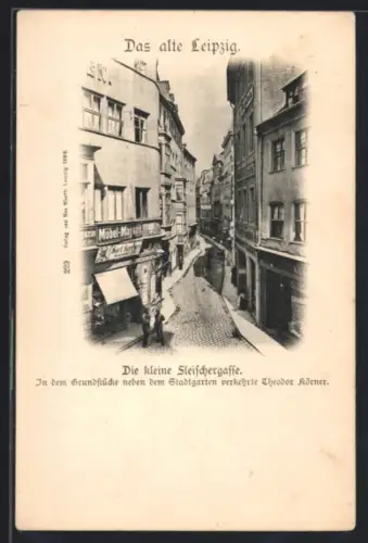 AK Leipzig, Kleine Fleischergasse, Strassenpartie mit Möbel-Magazin