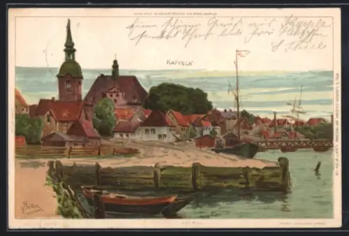 Lithographie Kappeln, Ortsansicht mit Hafen, Brücke, Segelschiffe