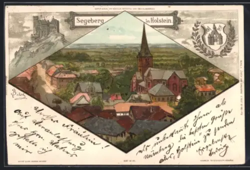 Lithographie Segeberg in Holstein, Ortsansicht mit Kirche, Burg, Wappen