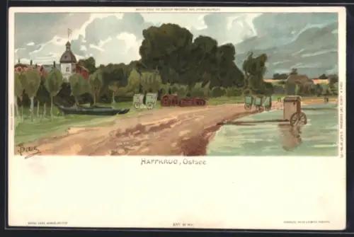 Lithographie Haffkrug, Ostseestrand mit Badewagen u. Turmgebäude