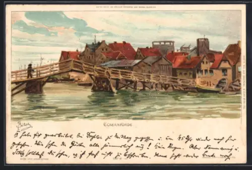 Künstler-AK Carl Biese: Eckernförde, Holzbrücke über den Hafen und Häuser am Ufer