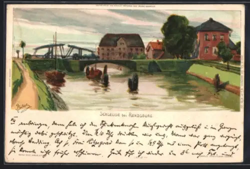 Künstler-AK Carl Biese: Rendsburg, Schleuse, Panorama mit Treidelpfad
