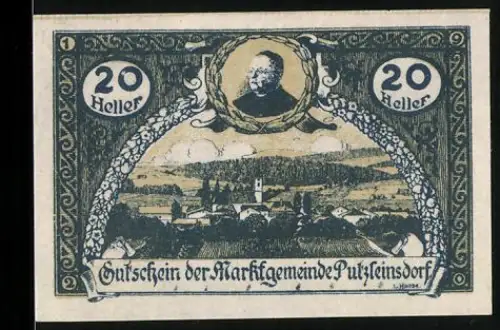 Notgeld Putzleinsdorf 1920, 20 Heller, Porträt und Landschaftsansicht mit Gedicht von Hanrieder