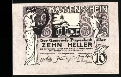 Notgeld Payerbach /N.Ö. 1920, 10 Heller, antike Figuren und Gebäudeansicht