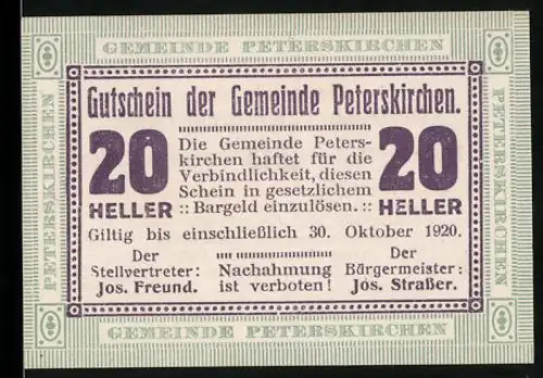 Notgeld Peterskirchen 1920, 20 Heller, textbasierte Gestaltung