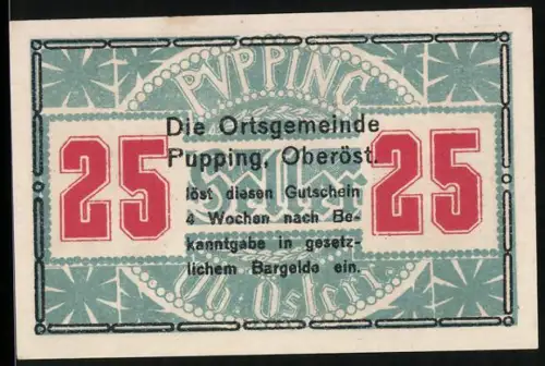 Notgeld Pupping /Oberöst., 25 Heller, Burgruine Schaumburg im Wald