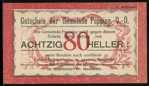 Notgeld Pupping /O.-Ö., 80 Heller, florales Muster und Spruch von Kaltenbrunner