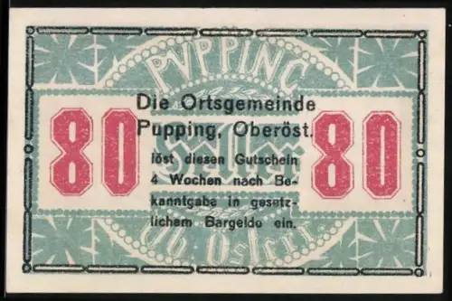 Notgeld Pupping /Oberöst., 80 Heller, Landschaft mit getreideltem Boot am Flussufer