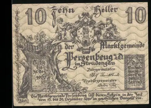 Notgeld Persenbeug a.d. Donau 1920, 10 Heller, Wappen und Schlossansicht