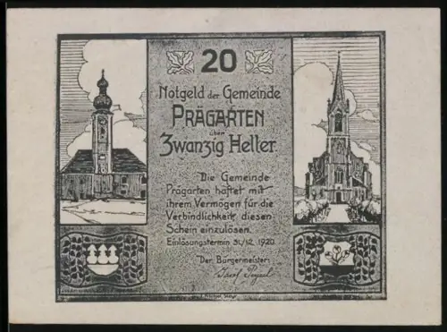 Notgeld Prägarten 1920, 20 Heller, Kirche und Baum auf Felsen