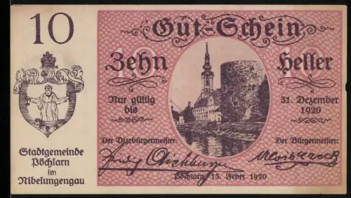 Notgeld Pöchlarn 1920, 10 Heller, Ortsansicht mit Kirche und Turm, Wappen