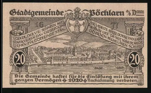 Notgeld Pöchlarn a.d. Donau 1920, 20 Heller, Ortsansicht und Fluss mit Turm