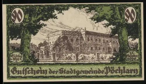 Notgeld Pöchlarn 1920, 90 Heller, Ruinenmotiv und Gedicht von Th. Körner