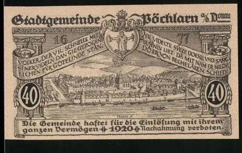 Notgeld Pöchlarn a. d. Donau 1920, 40 Heller, Ortsansicht mit Fluss und historischem Gebäude