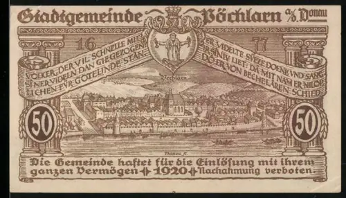 Notgeld Pöchlarn a. d. Donau 1920, 50, Ortsansicht und Fluss mit Turm und Kirche