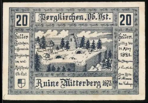 Notgeld Pergkirchen /Ob. Öst. 1921, 20 Heller, Ruine Mitterberg und Schloss Auhof