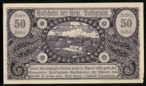 Notgeld Pattigham 1920, 50 Heller, Ansicht vom Heilbad St. Thomas