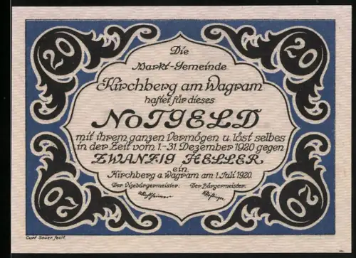 Notgeld Kirchberg am Wagram 1920, 20 Heller, dekoratives Muster mit blauem Rahmen