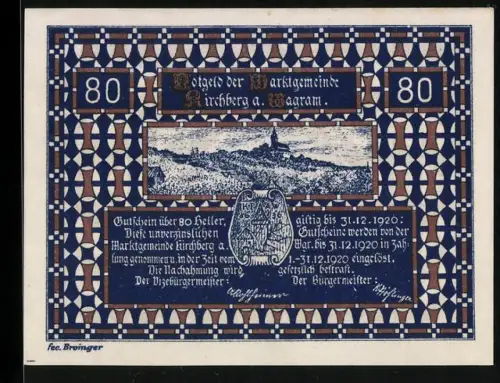 Notgeld Kirchberg a. Wagram 1920, 80 Heller, Ortsansicht und Wappen