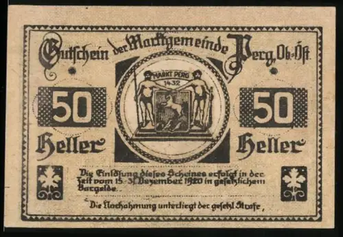Notgeld Perg /Ob.-Oest. 1920, 50 Heller, Wappen und Kirchturm mit Landschaftsansicht