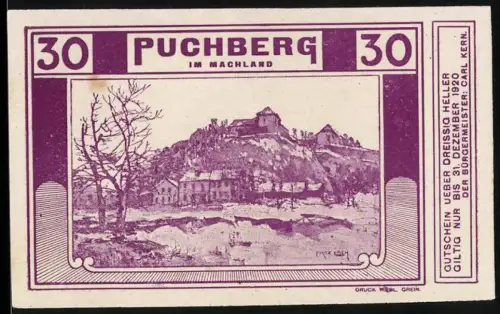 Notgeld Puchberg im Machland, 30 Heller, Landschaft mit Burg und Gebäuden im Hintergrund