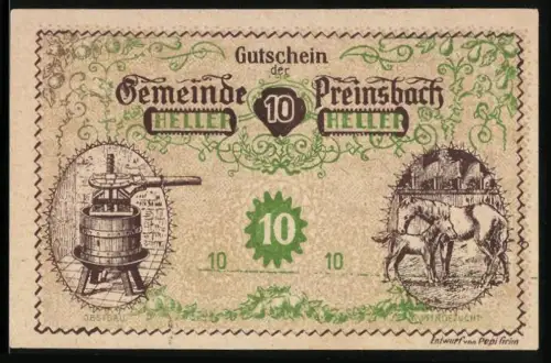 Notgeld Preinsbach 1920, 10 Heller, Obstpresse und Pferde im Stall