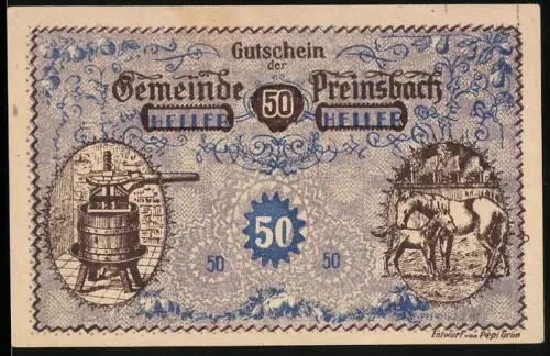 Notgeld Preinsbach 1920, 50 Heller, Motive für Obstbau und Pferdezucht
