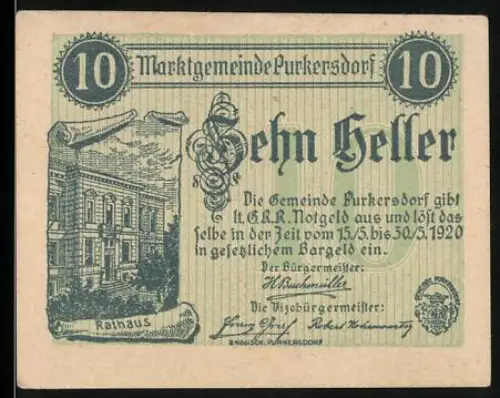 Notgeld Purkersdorf 1920, 10 Heller, Rathausabbildung und Schriftzug