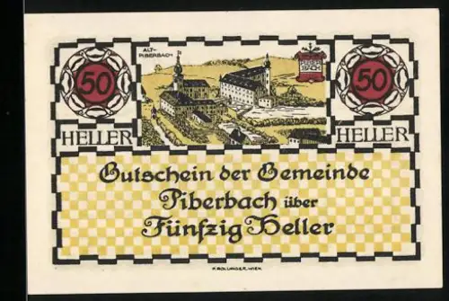 Notgeld Piberbach, 50 Heller, Ansicht von Alt-Piberbach und Wappen