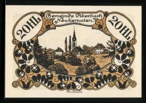 Notgeld Piberbach 1920, 20 Heller, Landschaft mit Kirche und Häusern, Wappen mit Ähre