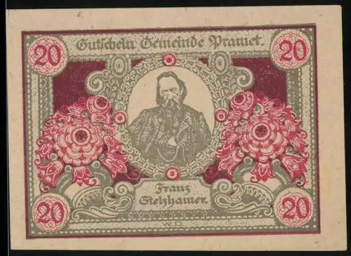 Notgeld Pramet, 20 Heller, Porträt von Franz Stelzhamer und dekorative Blumenmuster