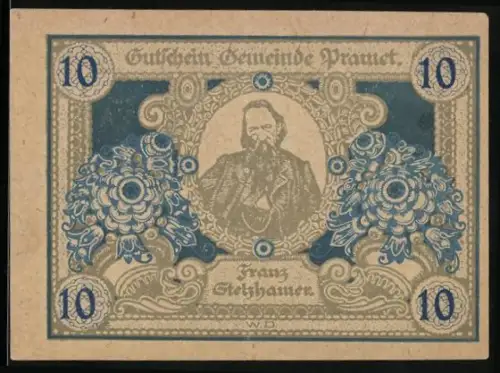 Notgeld Pramet, 10 Heller, Franz Stelzhamer Porträt und Gebäudeillustrationen