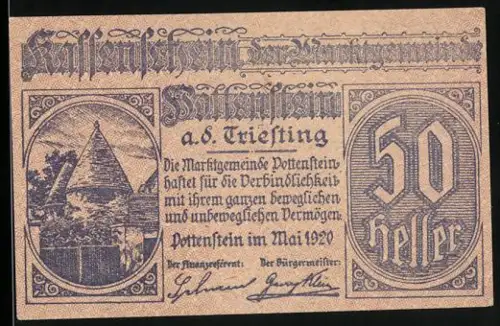 Notgeld Pottenstein a. d. Triesting 1920, 50 Heller, Turmmotiv und Text über Einlösung von Gutscheinen