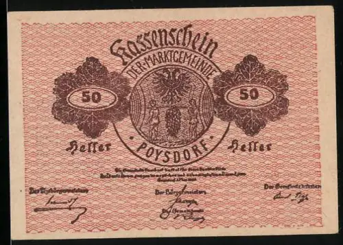 Notgeld Poysdorf 1920, 50 Heller, Motiv mit Blättern und Wappen der Marktgemeinde