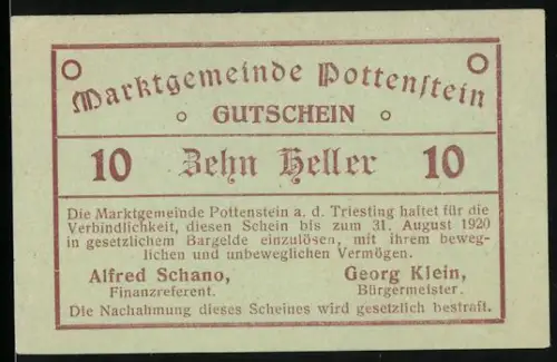 Notgeld Pottenstein 1920, 10 Heller, Schriftzug und Garantieerklärung