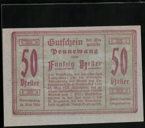 Notgeld Pennewang 1920, 50 Heller, Gebäude und Landschaft mit Tannenzweigen