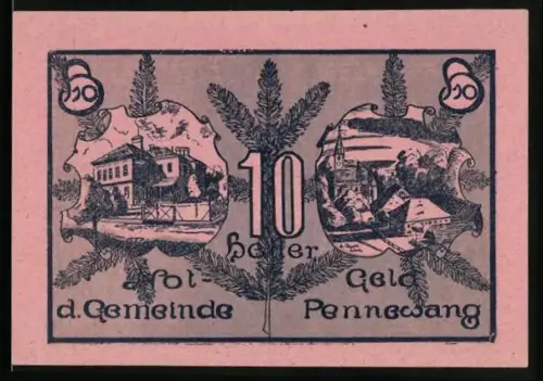 Notgeld Pennewang 1920, 10 Heller, Landschaftsansichten mit Tannenzweigen